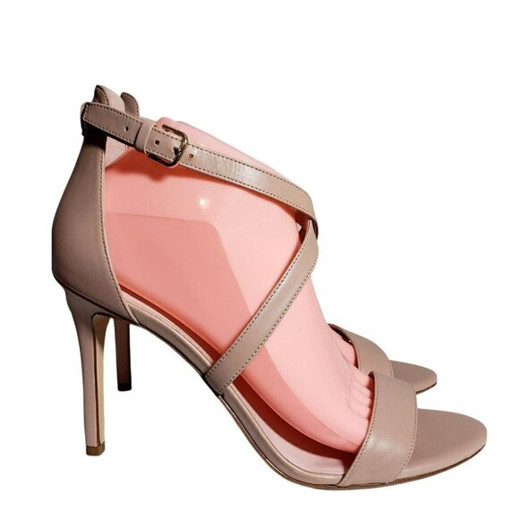 Nine West Taupe Leather Open Toe Strappy Buckle High Heels Sandals Size 9.5 M - Picture 2 of 11